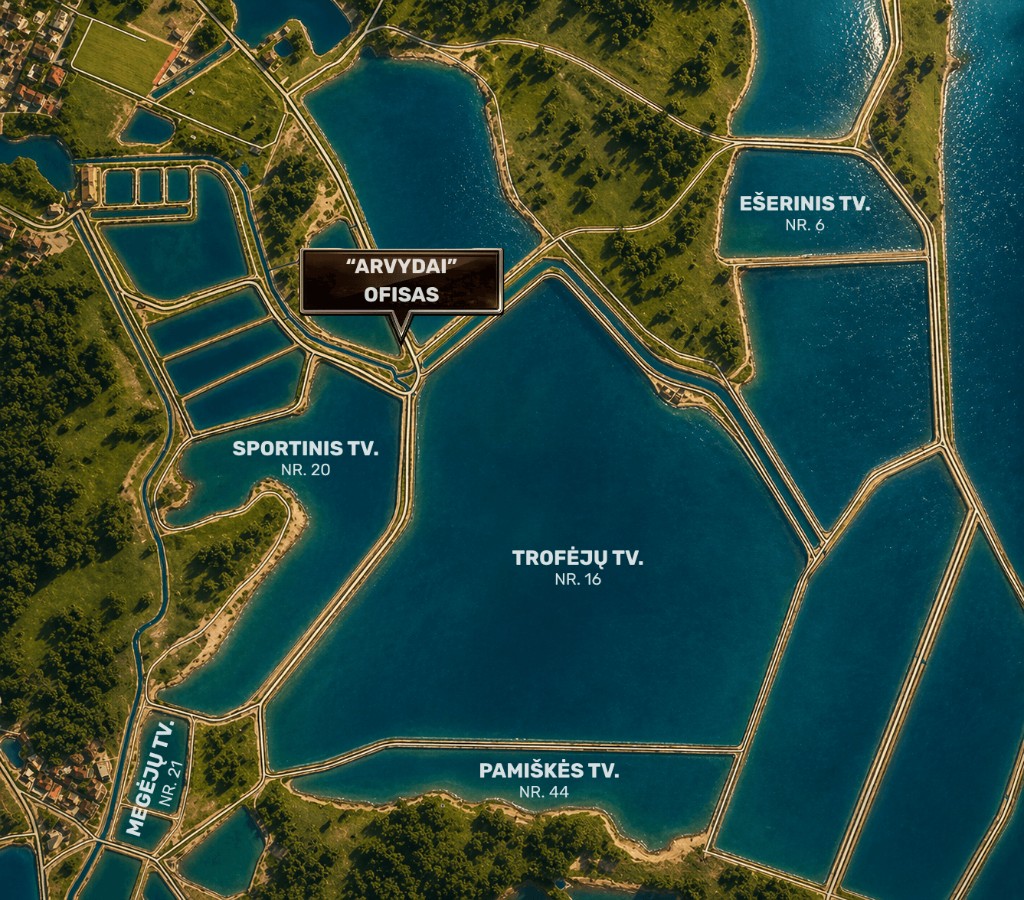 Arvydų tvenkinių žemėlapis iš viršaus: trofėjų tvenkinys Nr. 16, sportinis Nr. 20, ešerinis Nr. 6, mėgėjų Nr. 21, Pamiškės Nr. 44 ir ofisas.